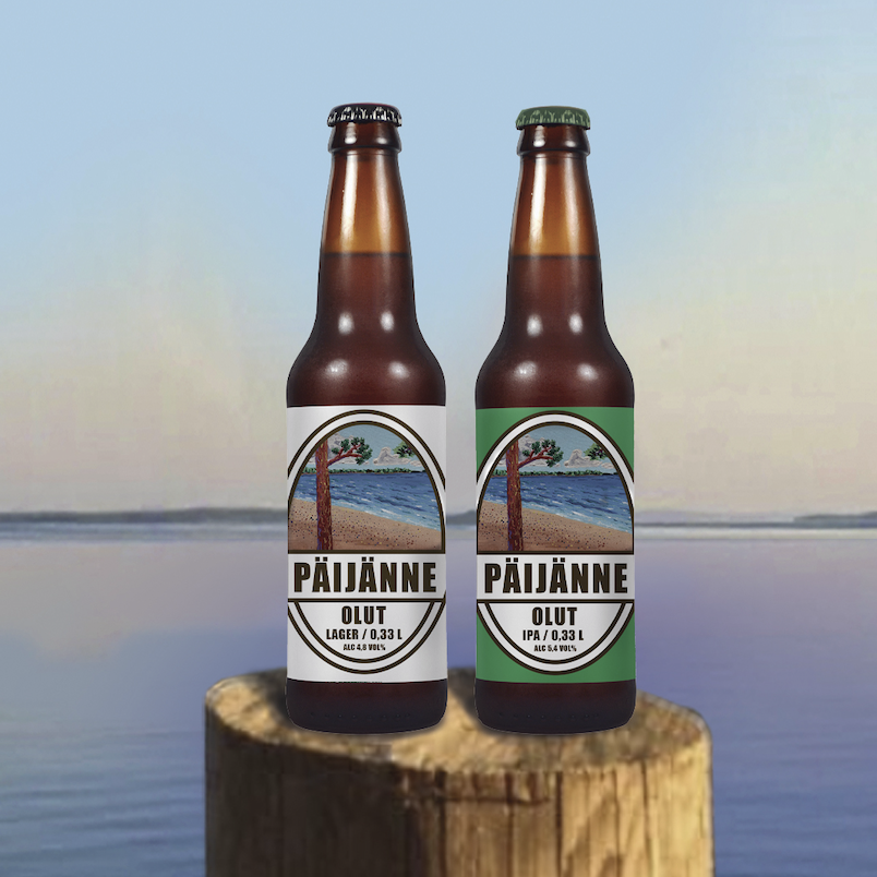 Päijänne-olut pullot laituritolpan päällä
